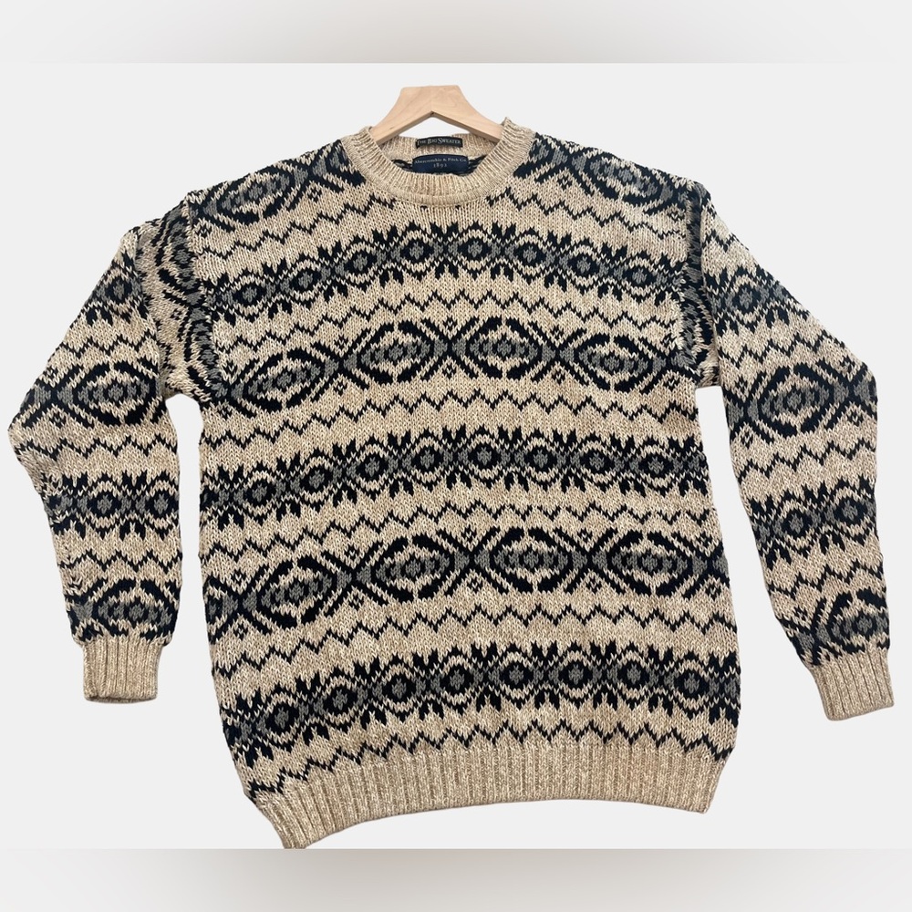 Vintage 90s Abercrombie Navy Blue and Beige Fair Isle Crew The Big Sweater Large